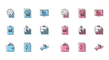 Sıraya dizilmiş cüzdan desteleri kağıt para, doküman grafik grafiği, pasta grafiği, para eli, çanta parası, evrak çantası, pano ve simge. Vektör