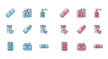 Safra kesesi hapları, krem tüpü ilacı, ilaç hapı ya da tablet, bandaj bandı, şişe hapları ve ikon. Vektör