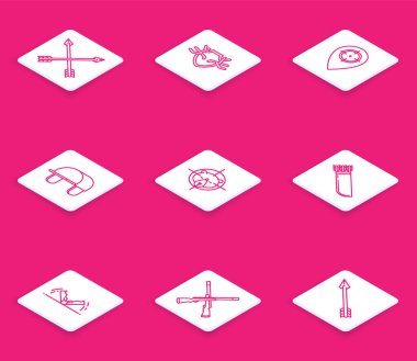 Çizgiyi aşmış oklar, kalkanda geyik boynuzları, avlanma yeri, avcı şapkası, hedef tahtasıyla ayı, Quiver, Tuzak avı ve çapraz iki av tüfeği ikonu. Vektör