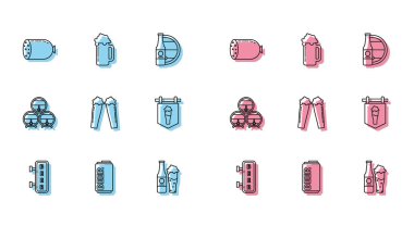 Çizgi sokak tabelasını yazı bira, konserve salam, sosis, şişe ve cam, bir bardak bira, tahta fıçı durdurucu ve ikon ile ayarla. Vektör