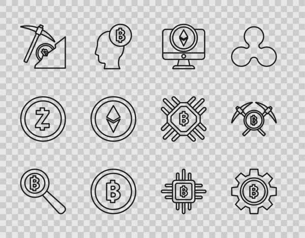 Definir linha de lupa com Bitcoin, Criptomoeda, Monitor e Ethereum ETH, mineração em nuvem, fazenda CPU e ícone picareta cruzada. Vetor —  Vetores de Stock