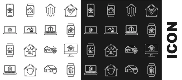 Set line Casa inteligente con reloj inteligente, monitor de computadora wi-fi, casa para ordenador portátil y alarma, teléfono móvil e icono de temperatura. Vector — Vector de stock