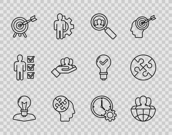 Set line Menselijk hoofd met lamp lamp, Globe en mensen, Vergrootglas voor zoeken, puzzels strategie, Target pijl, Project team base, Time Management en Piece of icon. Vector — Stockvector