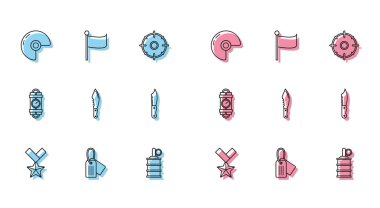 Askeri ödül madalyası, künye, miğfer, el bombası, bıçak, dinamit bomba zamanlayıcı saati ve bayrak simgesi. Vektör