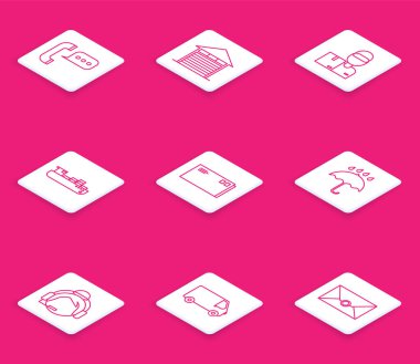 Telefon hattını konuşma balonu sohbeti, teslimatçı karton kutular, kargo gemisi teslimat servisi, Zarf, Şemsiye ve yağmur damlaları, destek operatörü dokunuşu ve kargo kamyonu ikonu ile ayarla. Vektör