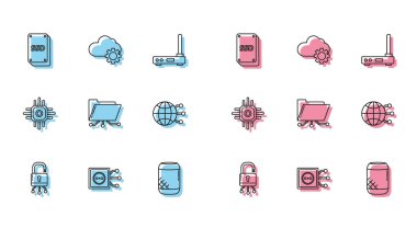 Satır Kilidini dijital devre kartına, uzaktan kumandaya, SSD kartına, ses asistanına, klasöre ve kilide, küresel teknoloji veya sosyal ağa, işlemciye ve bulut veri aktarım ikonuna ayarla. Vektör