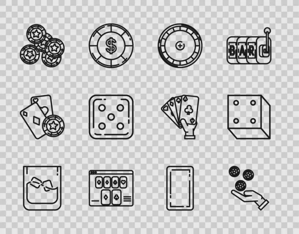 위스키와 얼음으로 된 라인 글래스, 손에 들고 있는 카지노 칩, 카지노 룰렛 휠, 온라인 포커 테이블 게임, 게임 주사위, 카드 재생, 아이콘. Vector — 스톡 벡터