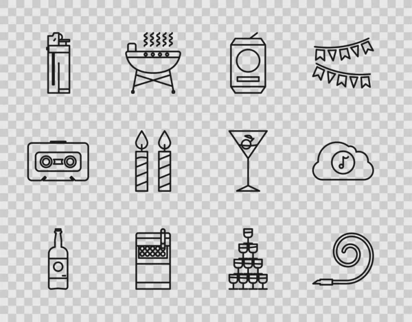 Set line Beer bottle, Birthday party horn, can, Open cigarettes pack box, Lighter, cake candles, Wine glasses stacked in pyramid tower and Music streaming service icon. Vector — Stock Vector