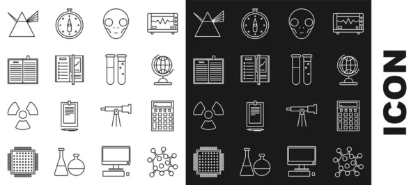 Set line Bacteria, Calculator, Earth globe, Extraterrestrial alien face, Notebook, Open science, Light rays in prism and Test tube and flask chemical laboratory icon. Vector — Stock Vector