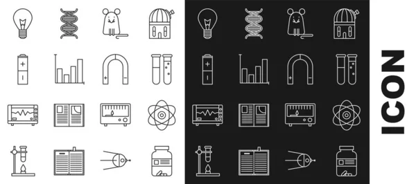 İlaç şişesi ve hapları ayarla, Atom, deney tüpü kimya laboratuvarı, Rat, Pie grafik bilgisi, Batarya, fikir ve mıknatıs ikonlu ampul. Vektör — Stok Vektör