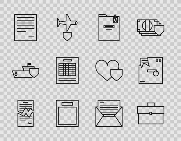 Set line Torn contract, Briefcase, Personal folder, Empty form, Document, Report file document, Mail, e-mail 및 Ordered envelope icon. Vector — 스톡 벡터