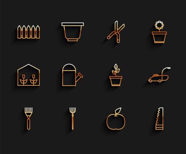 Bahçe tırmığı, tırmık, çit, ahşap, elma, testere, su bidonu, çim biçme makinesi ve saksı ikonu. Vektör