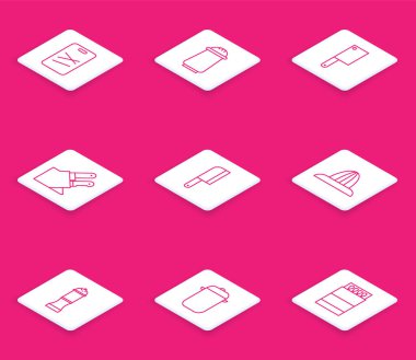 Kesme tahtası, tuz ve biber, et dilimi, bıçak, meyve sıkacağı, biber ve tencere ikonu. Vektör