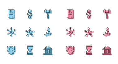 Hat kullanıcı koruması, eski kum saati, kimlik kartı, adliye binası, Hexagram şerifi, para çantası ve kelepçe ikonu. Vektör