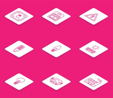 Hat elektrik düğmesi, pakette pil, yüksek voltaj işareti, LED ampul, ışık, güneş enerjisi paneli, fikir ve Ampere ölçer, multimetre, voltmetre ikonu. Vektör