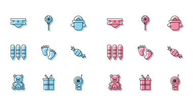 Ayıcık peluş oyuncak, hediye kutusu, bebek emme bezi, telsiz telsizi, ayak izleri, Candy, çizim için mum boya kalemleri ve lolipop ikonu. Vektör
