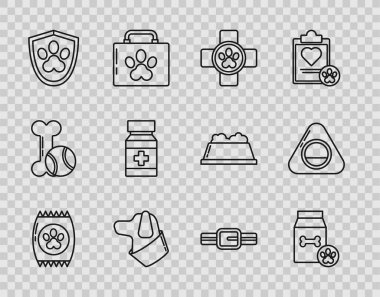 Hayvan için yiyecek çantası, veteriner kliniği sembolü, köpek, hayvan sağlığı sigortası, ilaç şişesi ve haplar yaka kartı ve evcil hayvan yatağı ikonu. Vektör