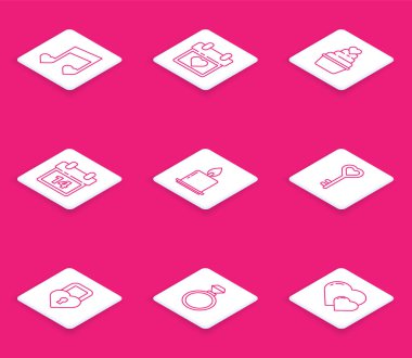 Set çizgisi Müzik notası, kalplerin tonu, Takvim, 14 Şubat, yanan mum, anahtar şekli, Castle the of ve nikah yüzüğü ikonu. Vektör