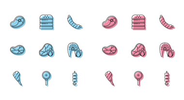 Kaburga bifteği, kızartma tavası, ızgara şiş kebap, şiş kebap ve ateş alevi, balık ve hamburger ikonu. Vektör