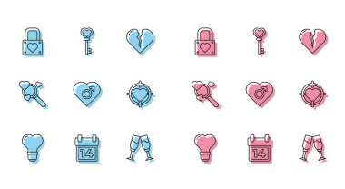 Hat kalp şeklini bir ampulde ayarla, Takvim 14 Şubat, kilit ve kalp, bir kadeh şampanya, erkek cinsiyet, merkez dartlar hedef alma, Arama aşkı ve anahtar ikonu. Vektör