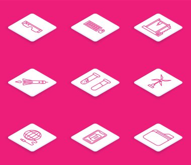 Line Smart gözlükleri, klavye ve fare, 3D yazıcı, ateşli roket gemisi, test tüpü, rüzgar türbini, sosyal ağ ve akıllı telefon, cep telefonu ikonu. Vektör