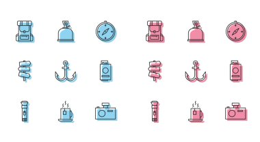 El feneri, çay poşetli çay, yürüyüş çantası, fotoğraf makinesi, dayanak noktası, pasaport, trafik ışığı direği ve kamp gaz sobası ikonu. Vektör