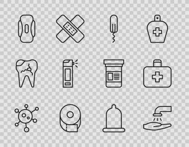 Safra virüsü, sabunla el yıkama, hijyenik tampon, tuvalet kağıdı rulosu, peçete, şişe hortumu spreyi, prezervatif ve ilk yardım çantası ikonu. Vektör
