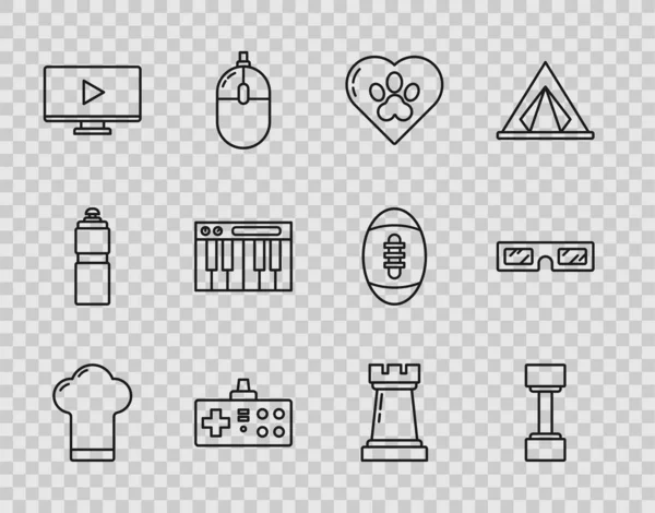 Ορισμός γραμμή Chef καπέλο, Dumbbell, Καρδιά με τα ζώα αποτύπωμα, Gamepad, σε απευθείας σύνδεση βίντεο παιχνιδιού, Μουσική synthesizer, Σκάκι σύμβολο και 3D γυαλί του κινηματογράφου εικονίδιο. Διάνυσμα — Διανυσματικό Αρχείο