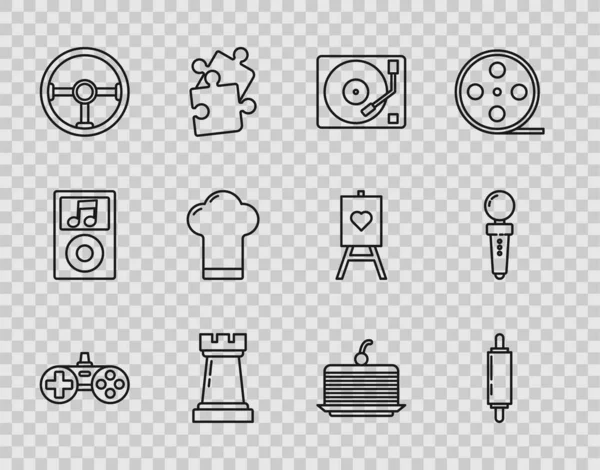 Set line Gamepad, Rolling pin, Jugador de vinilo con disco de vinilo, Símbolo de ajedrez, Volante, Sombrero de chef, Pastel y Joystick para máquina arcade icono. Vector — Vector de stock