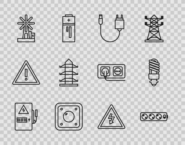 Set line Electrical panel, extension cord, Charger, light switch, Wind turbine, High voltage power pole line, sign and LED bulb icon. Vector — Stock Vector