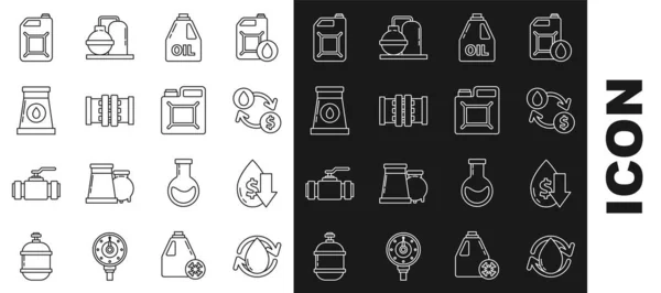 Ligne de réglage Goutte d'huile, échange, transfert d'eau, conversion, Conteneur pour machine à moteur, Tuyaux et soupapes métalliques de l'industrie, bâtiment d'usine de gaz, essence et icône. Vecteur — Image vectorielle