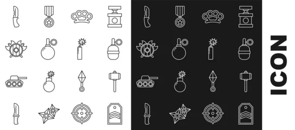 Set lijn Chevron, slaghamer, handgranaat, messing knokkels, middeleeuws schild met gekruiste bijlen, militair mes en Dynamite bomb stick klok pictogram. Vector — Stockvector