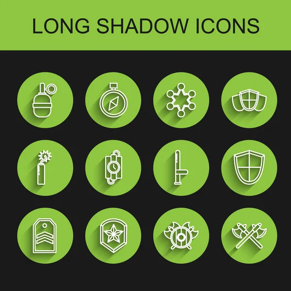 設定行シェブロン、警察バッジ、手の手榴弾、交差軸を持つ中世のシールド、クロス中世、ダイナマイトスティックタイマー時計、シールドとゴムバトンアイコン。ベクトル — ストックベクタ