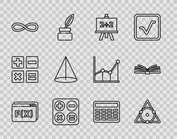 Setzen Sie Linie Geometrische Figur Fünfeckiges Prisma, Tafel, Rechner, Quadratwurzel, Funktion mathematisches Symbol, Graph, Zeitplan, Diagramm, Diagramm und mobile Rechner-Interface-Symbol. Vektor — Stockvektor