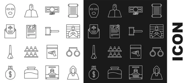 Linienrichter, Handschellen, Verdächtiger Verbrecher, Papiergeld-Stapel, Klage, Vorladung, Diebesmaske und Hammer-Ikone. Vektor — Stockvektor