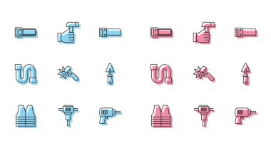 Emniyet yeleği, inşaat matkabı, elektrikli matkap, elektrikli matkap, çekiç, mala, sanayi borusu ve ikon. Vektör