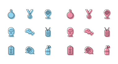 Askeri rütbe, hedef sporu, kantin su şişesi, el bombası, gaz maskesi, künye, kar maskesi ve madalya ikonu. Vektör