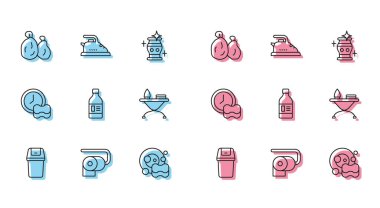 Çöp tenekesi, tuvalet kağıdı rulosu, çöp torbası, bulaşık deterjanı, temizlik malzemesi için şişe demir ve ütü masası ve elektrik ikonu. Vektör