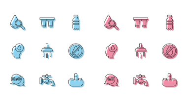 H2O, Su Musluğu, Düşürme ve Büyüteç için Kimyasal formülü, Suyla Yıkama, Düşürme, Yasaklama ve Filtre Simgesi. Vektör