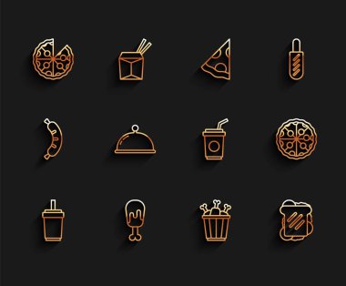 Saman, tavuk budu, pizza, paket kutusunda, Sandviç, kaplama tepsi ve ikonla kaplanmış kağıt bardak koyun. Vektör