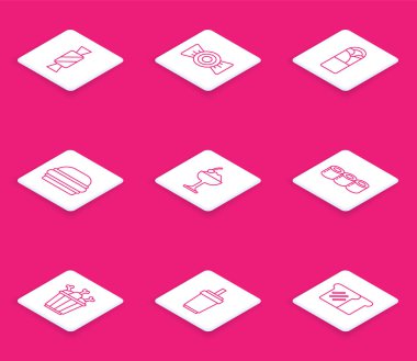 Sıra Candy, Doner kebap, Burger, kasede dondurma, suşi, tavuk budu paketi ve saman ikonlu kağıt bardak. Vektör