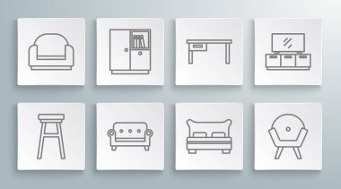 Sıralı sandalye, gardırop, kanepe, büyük yatak, Kol sandalyesi, ofis masası, TV masası standı ve ikon. Vektör