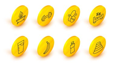 Sıraya dizilmiş taşlar, bir şişe su, muz, cam, zaman uykusu, vitamin hapı, Dumbbell ve Aroma mum ikonu. Vektör