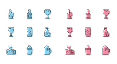 Viski şişesi ve bardak, kokteyl karıştırıcı, şampanya, tahta bira bardağı, bira kutusu, bir şişe votka, şarap ve ikon. Vektör