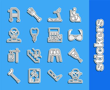 Set line Deaf, Crutch or crutches, Blind glasses, Treadmill machine, Dental implant, Head of deaf and dumb, Walker and Medical hospital building icon. Vector