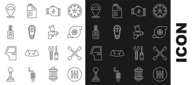 Hat değiştirici, tekerlek anahtarı, otomotiv turboşarjı, kontrol motoru, zaman ayarlı kemer kiti, uzaktan kumandalı araba anahtarı, konum araba servisi ve boya sprey tabancası ikonu. Vektör