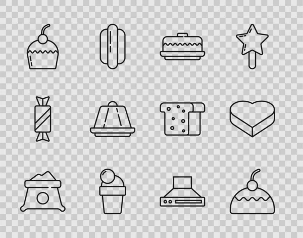 Sıra halinde un, pasta, dondurma, muhallebi, mutfak sökücü fanı ve kalp şeklinde şeker kutusu ikonu. Vektör — Stok Vektör