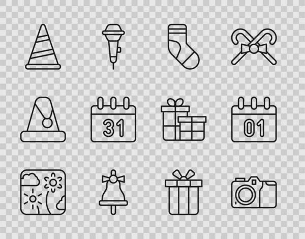 Set line Firework rocket, Photo camera, Christmas stocking, Merry ringing bell, Party hat, Calendar, Gift box and icon. Vector — Stock Vector