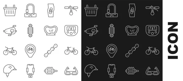 Definir linha Sport óculos de sol de ciclismo, bicicleta, dispositivo Gps com mapa, gesso na perna, suspensão, pedais, cesta e ícone de pneu perfurado. Vetor — Vetor de Stock