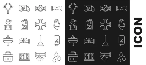 Set lijn Waterdruppel, Elektrische boiler, Toilet urinoir of pissoir, Industrie pijp en klep, Drain cleaner fles, Loodgieter, Filter moersleutel en metalen pictogram. Vector — Stockvector